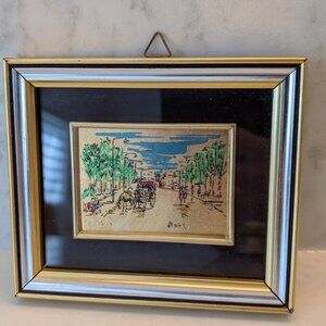 Vintage Italian Gold Leaf Picture on Street with Horse and Carriage